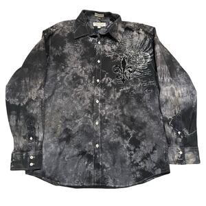 Y2K Eighty Eight Affliction Style Grey Tie Dye Cyber Goth Grunge Button Shirt XL
